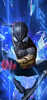 This captivating live wallpaper for smartphones features a stunning digital art image of a superhero clad in a full samurai armor Spider-Man suit