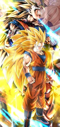 This striking phone live wallpaper features two beloved anime characters in their iconic Super Saiyan transformation