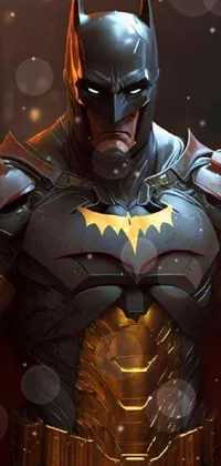 This phone live wallpaper features a close-up of a popular superhero in a gold, black, and red batman costume