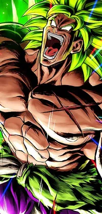 This phone live wallpaper showcases an incredible drawing of a muscular green warrior assumed from a famous anime