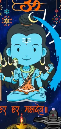 This phone live wallpaper shows a colorful cartoon character in a meditative pose against a blue background