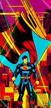 This dynamic live wallpaper features a vibrant poster of Superman in black attire and cape, soaring over a bustling cityscape