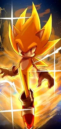 Deck out your phone's home screen with a stunning live wallpaper like no other! Featuring a fiery Sonic the Hedgehog character with golden wings, this wallpaper exudes prowess and determination as it propels through space