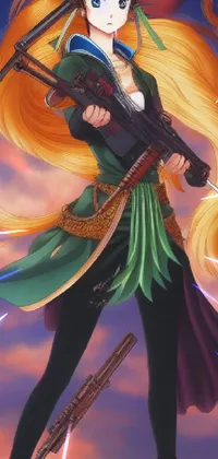 This live wallpaper showcases a stunning image of a woman with long, blonde hair holding a rifle with a pose that exudes confidence and strength