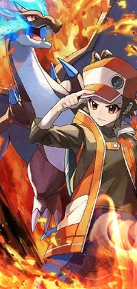 Enjoy a dynamic live wallpaper featuring two beloved Pokemon characters standing side by side with arcs of flame in the background