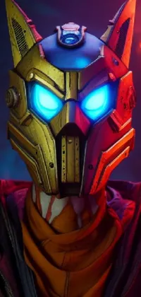 This phone live wallpaper features a close-up of a character wearing a mask with metal cat ears and glowing eyes from the popular Borderlands series