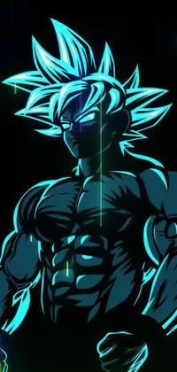 This phone live wallpaper displays an AMOLED black and cyan color scheme with an ultra cool and powerful Ultra Instinct version of a well-known character from a popular anime series, radiating an intense blue aura