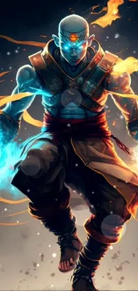 This enthralling phone live wallpaper showcases a video game character concept, featuring a man cloaked in monk attire, holding a blazing flame in each hand