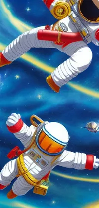 This beautifully crafted space-themed live wallpaper features two astronauts depicted in stunning detail floating in outer space