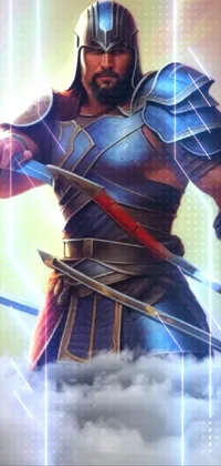 This live wallpaper for your phone features a stunning concept art painting of a warrior in armor holding a sword