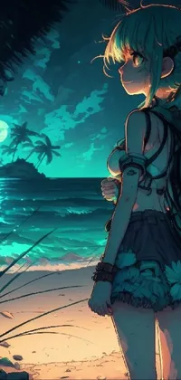The phone live wallpaper features a beautiful anime drawing of a woman standing on a summer night on a Miami beach, with the teal ocean waters nearby