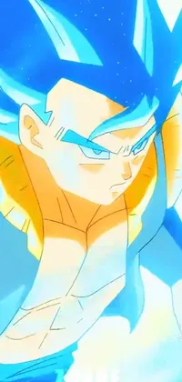 Enhance your phone screen with this live wallpaper showcasing a magnificent anime character dressed in an eye-catching blue and yellow outfit