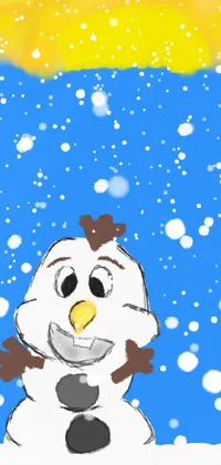 Get into the winter spirit with this phone live wallpaper! A delightful drawing of a snowman in a snowy scene is at the forefront of this design
