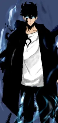 This live phone wallpaper features an anime drawing with a mysterious man in black coat and white shirt, paired with a Maya Ali lightning mage against a black background with smoky accents