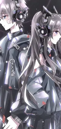 This anime-inspired live wallpaper features two characters wearing headphones in a dark, starry background