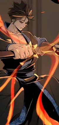 This dynamic live phone wallpaper depicts an intense close-up of a sword-wielding figure in a fighting stance