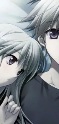This live phone wallpaper features two anime characters with grey eyes standing next to each other