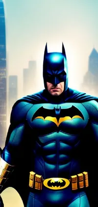 This live wallpaper features a detailed digital representation of Batman standing in front of a city skyline