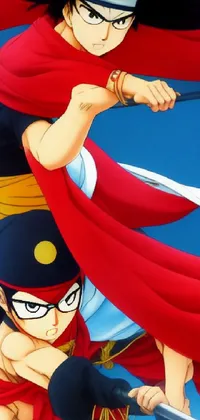 This phone live wallpaper depicts two anime characters flying through the air in a striking red cloak