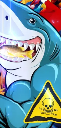 This phone live wallpaper features digital art of a shark devouring a hot dog