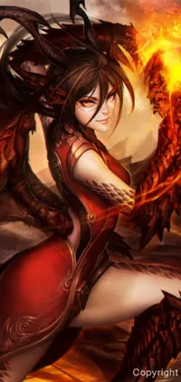 Get ready to transform your phone's home screen with this striking live wallpaper featuring a woman in a red dress holding a dragon