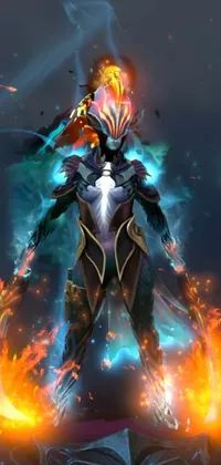 This phone live wallpaper captures the stunning image of a female character with flames in her hands and a dragon-inspired suit