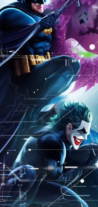 This live phone wallpaper features two Batman characters standing side by side in a dynamic pose