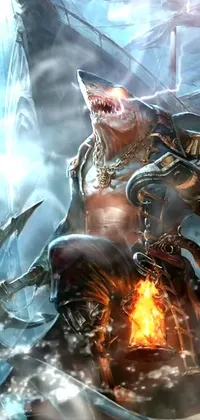 This live wallpaper features a fierce shark riding on the back of a boat, with armor crafted from ice