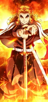 This dynamic live wallpaper for mobile devices showcases a striking image of a warrior wielding a sword in front of a raging fire