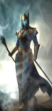 This live phone wallpaper depicts a powerful warrior dressed in a striking blue armor stance confidently in front of a towering mountain