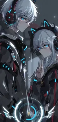 This phone live wallpaper showcases two anime characters standing side by side in a neoism-inspired design
