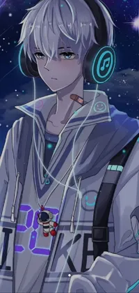 This stunning live wallpaper features a fashionable anime-style character wearing headphones standing in front of a dynamic cityscape backdrop