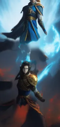 This phone live wallpaper features a mesmerizing depiction of two men with blue fire powers in a fantastical world