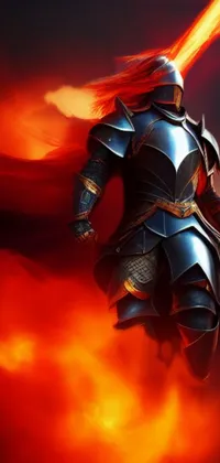 This live wallpaper features a close-up image of a warrior holding a sword in a fiery fantasy setting