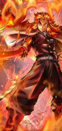 This phone live wallpaper features a striking manga-style digital art of a fiery-haired man standing in front of a blazing fire