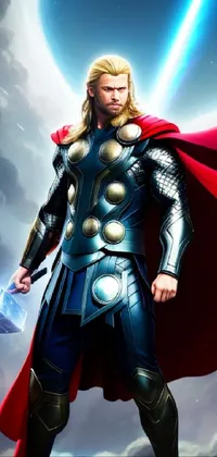 The Thor Live Wallpaper is a stunning digital image of a superhero dressed in diamond armor, wielding a powerful hammer in a mythical world