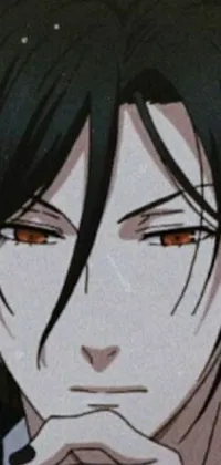 This live phone wallpaper depicts a close-up of an androgynous vampire with long black hair and red eyes