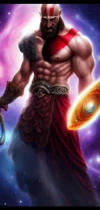 This phone live wallpaper showcases a powerful man adorned in cosmic elements and wielding a sword