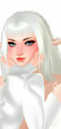 This live wallpaper features a stunning drawing of a white-haired woman with blue eyes and white horns