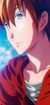 This phone live wallpaper features a striking, close-up of a tall, anime guy in a bold red jacket