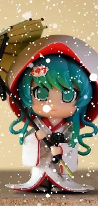 This live wallpaper for your phone features a charming, detailed close-up of an adorable doll holding an umbrella