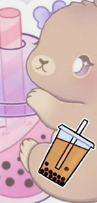 This wallpaper depicts a charming teddy bear enjoying a bubble tea on a glittery, multi-colored background