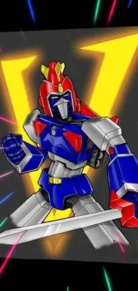 This phone live wallpaper features an impressive drawing of a robot with a sword in a red, blue, and gold color scheme