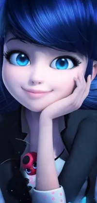 This live wallpaper features a cartoon girl with striking blue hair and blue eyes