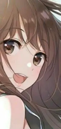 This phone live wallpaper depicts a stunning close-up of an ecstatic anime girl with long brown hair and large expressive eyes