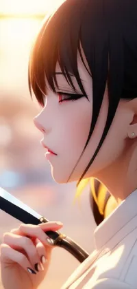 This live wallpaper features an anime drawing of a katana sword held by a person with a magnifying glass