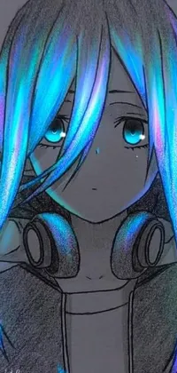 This phone live wallpaper boasts an eye-catching drawing of a girl with blue hair and headphones