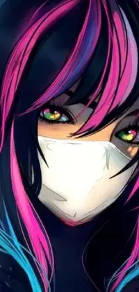 This live wallpaper features an anime-style girl with pink hair, her locks highlighted with shades of blue and pink, wearing a medical face mask