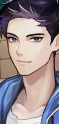 This live wallpaper features a character portrait of a handsome man wearing a blue jacket and sporting black short hair, stylized using cel shading