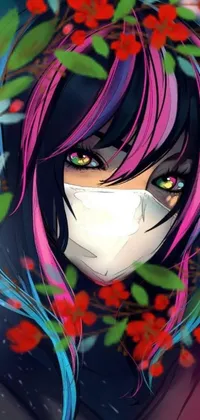 This phone live wallpaper showcases a close-up of a person wearing a face mask in a fascinating cyberpunk garden